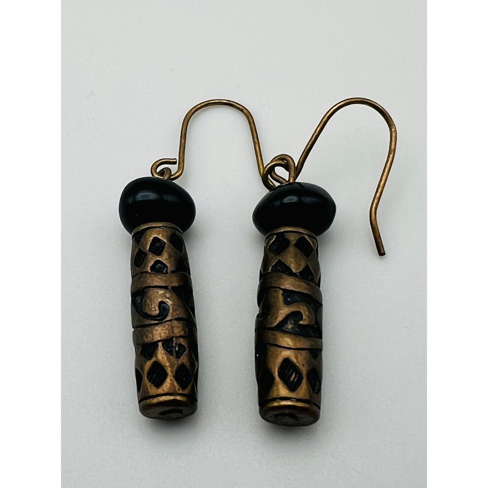 Vintage Cylinder Bead Dangle Earrings Black Accent Boho Tribal Bronze Tone Drop